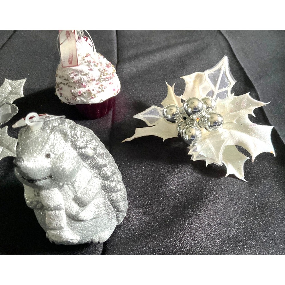 Lot4 Silver Glitter Ornaments Christmas Holiday Poinsettia, Holly, Hedgehog,cake - Picture 6 of 8